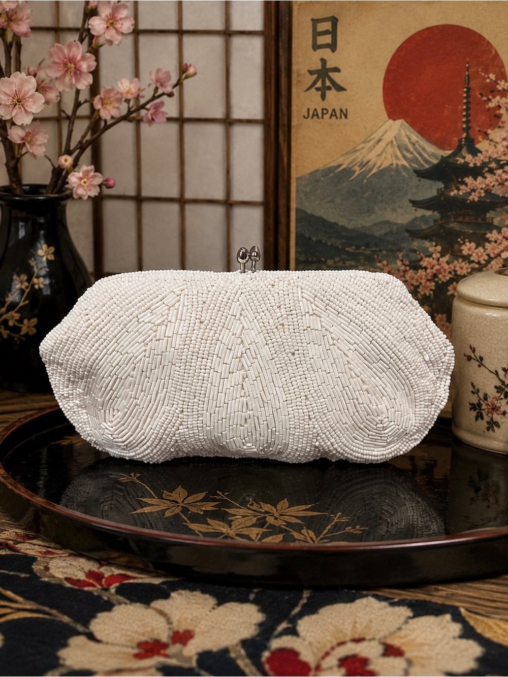 Vintage Jala Made in Japan White Beaded Clutch Evening Bag Art Deco Leaf Design